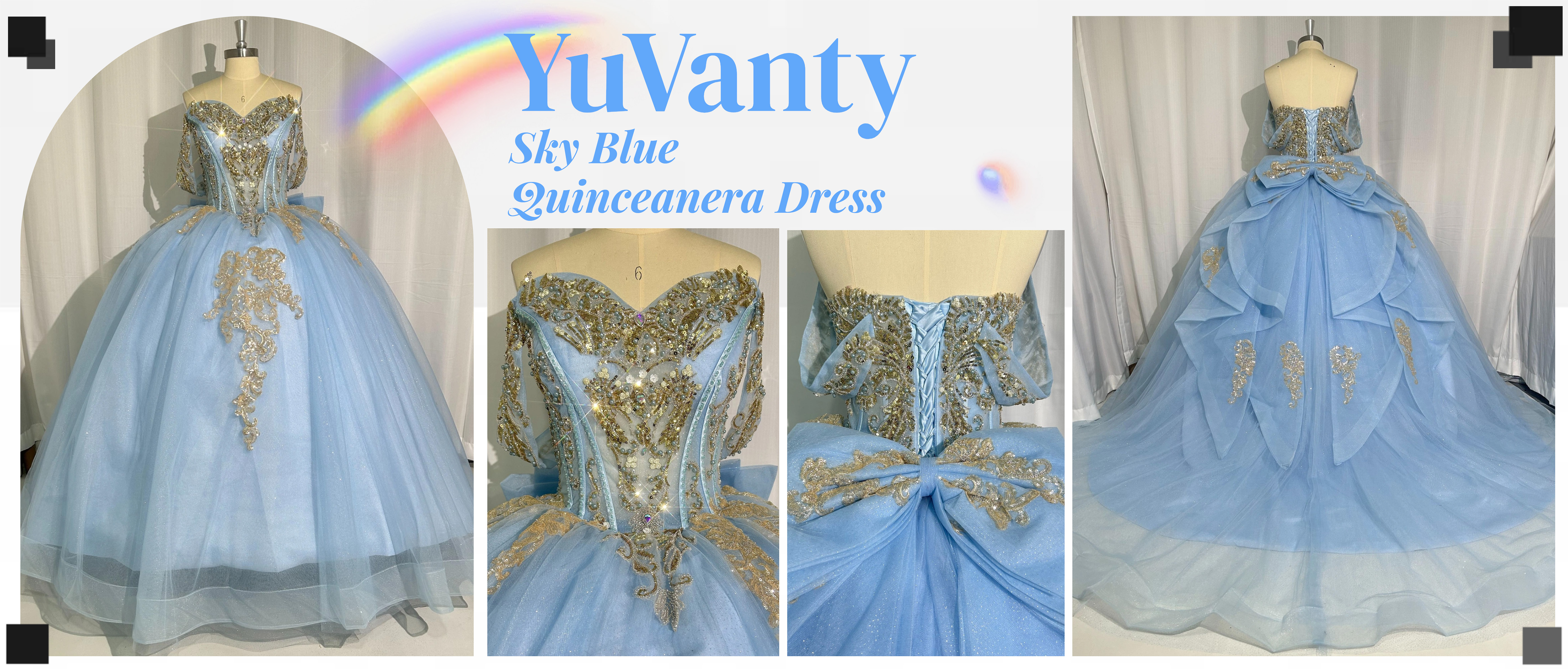 YuVanty Off Shoulder Aqua and Gold Quinceanera Dresses with Bow Puffy Ball Gown  Gold Appliques Sweet 16 Dresses Shiny Beaded 15 Dress for Quince 2 at  Amazon Women's Clothing store