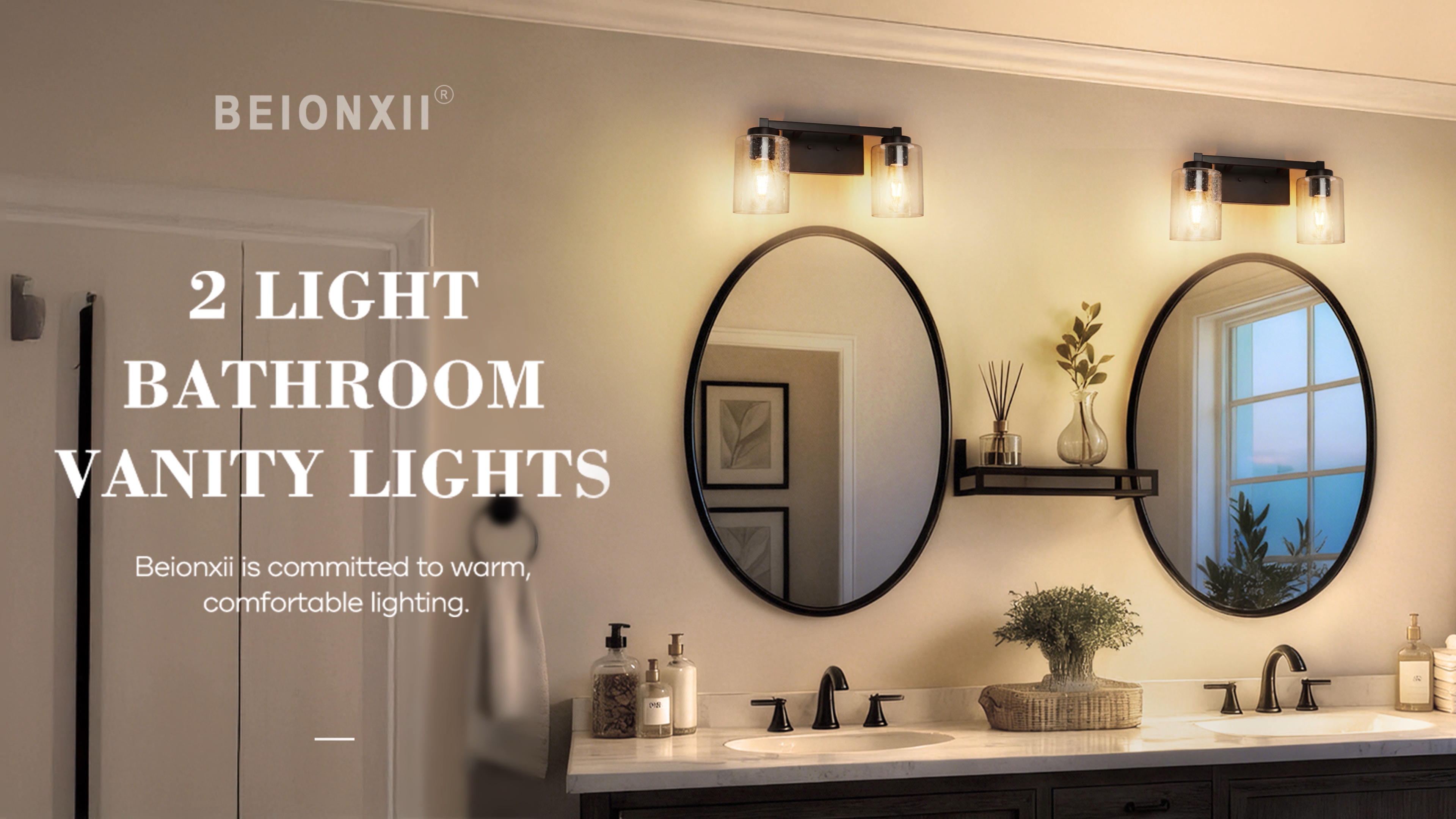 Image of Beionxii 2 Light Bathroom Vanity Lights, Vintage Wall Sconce Oil Rubbed Bronze with Clear Seeded Glass 16 inch W x 8.75 inch H - MB9002-2