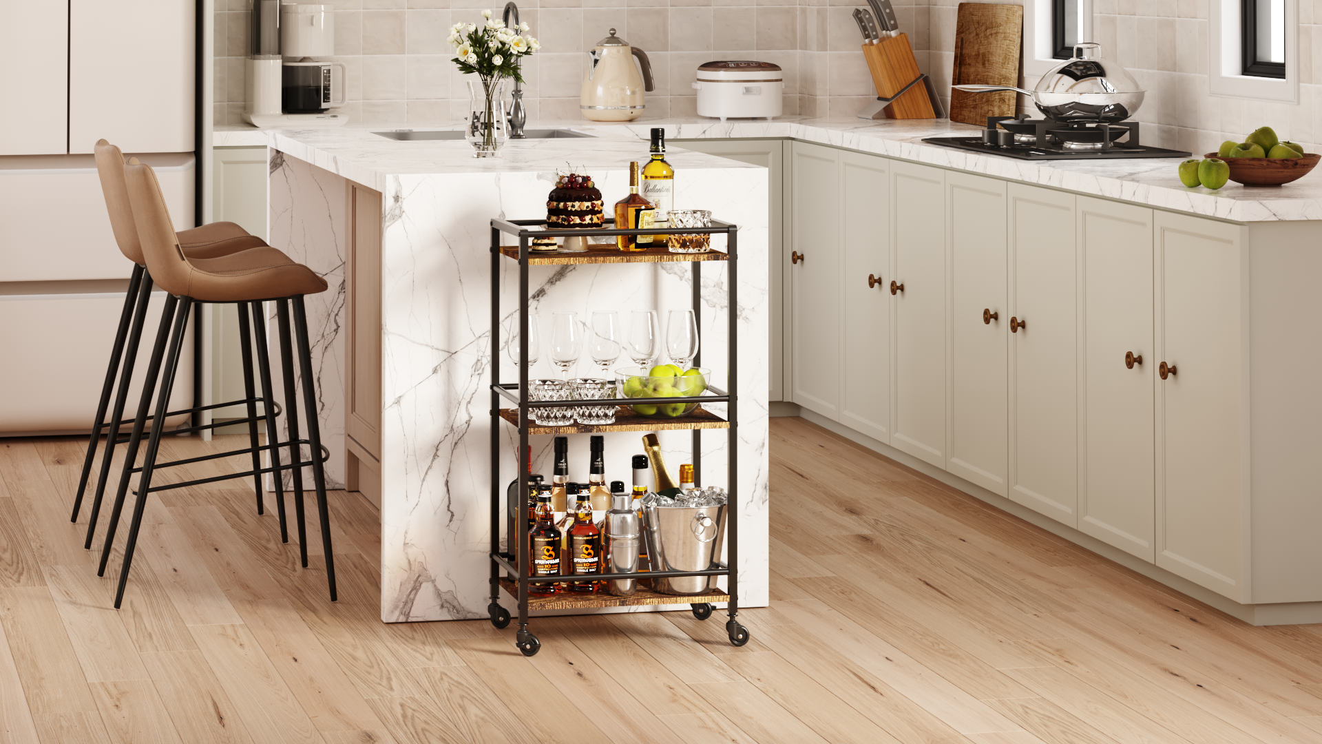 Lifewit Serving Trolley with Wheels, 3 Tier Rolling Kitchen Trolley Kitchen Rack Trolley with Lockable Wheels for Kitchen, Living Room, Outdoor, 43.2 x 30 x 81.5cm, Rustic Brown