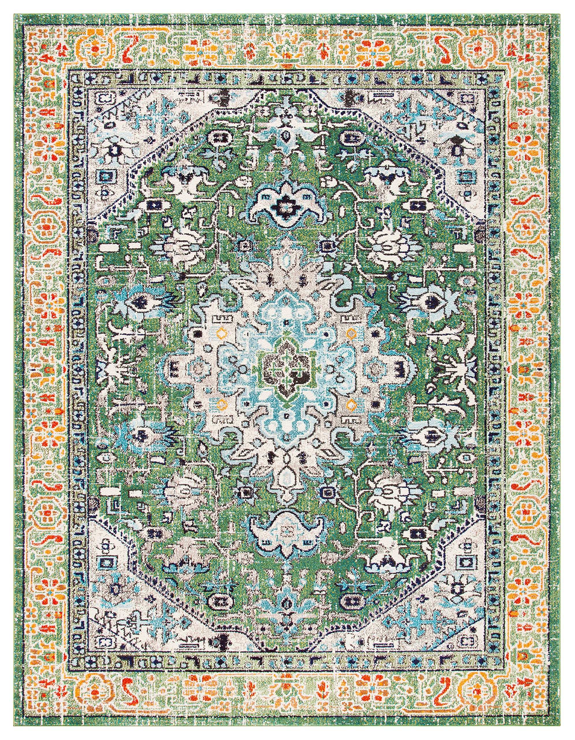 SAFAVIEH Madison Collection Area Rug - 9' x 12', Green & Turquoise, Boho Medallion Distressed Design, Non-Shedding & Easy Care, Ideal for High Traffic Areas in Living Room, Bedroom (MAD474Y)
