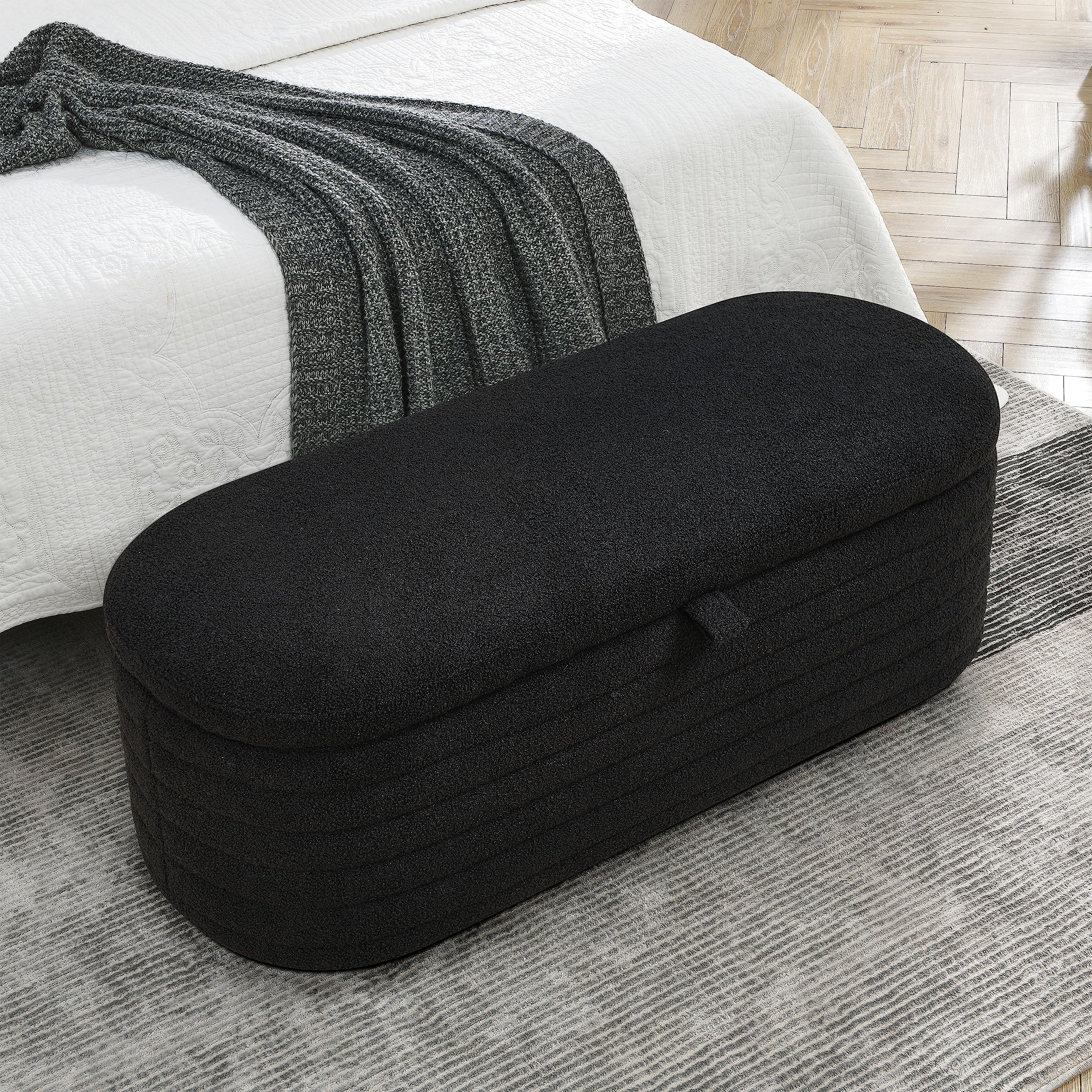 Storage Ottoman Bench for Bedroom End of Bed, Modern Upholstered 45.5" Long Storage Bench Sherpa Bench with Safety Hinge for Entryway Bedroom Bed Benches with Storage and Seating Black Teddy Fabric