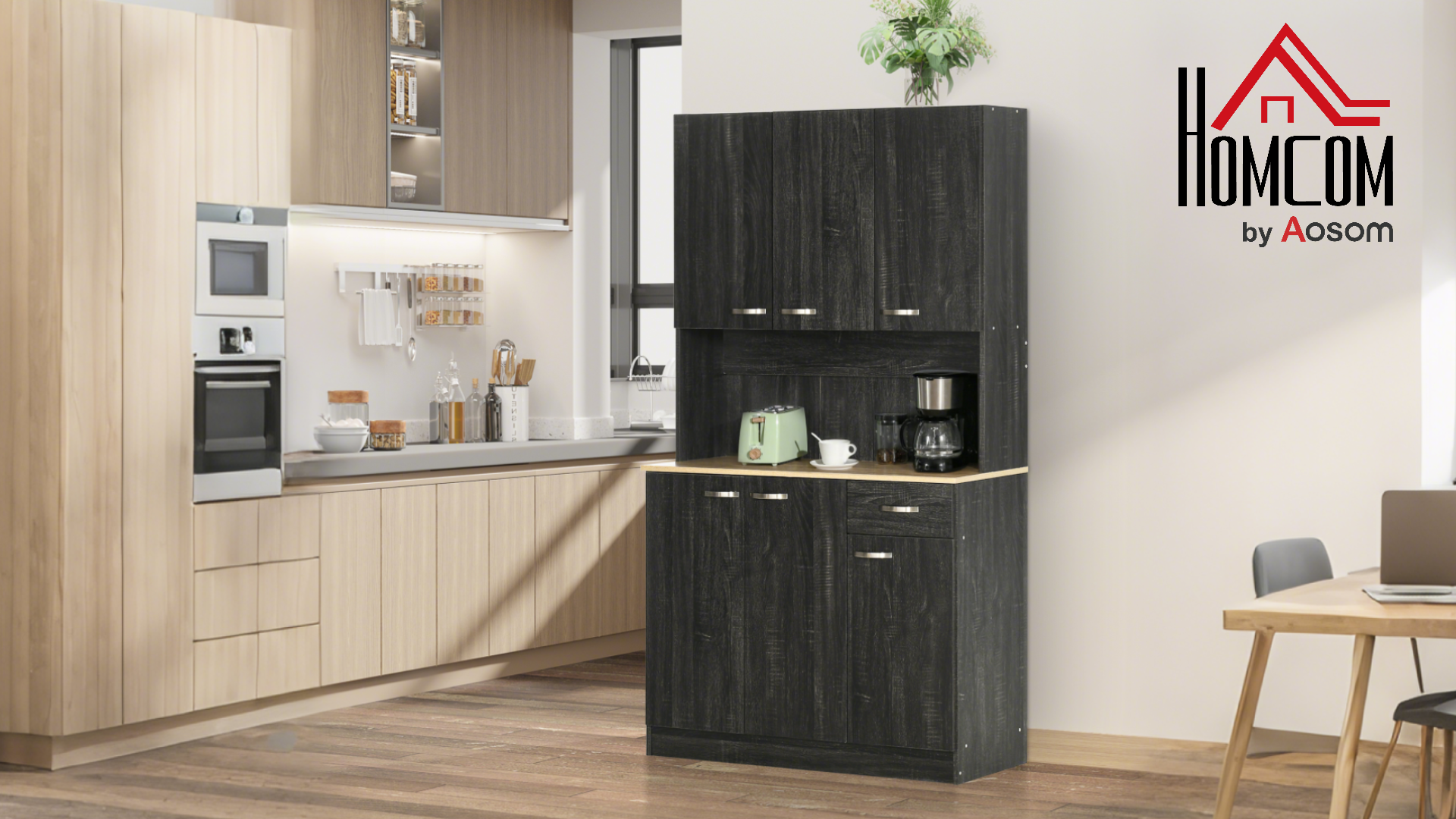 Buffet Haut Cuisine 180 Cm - Meuble Rangement Avec étagères Réglables, Tiroir - Blanc Moderne - Pour Micro-ondes, Vaisselle