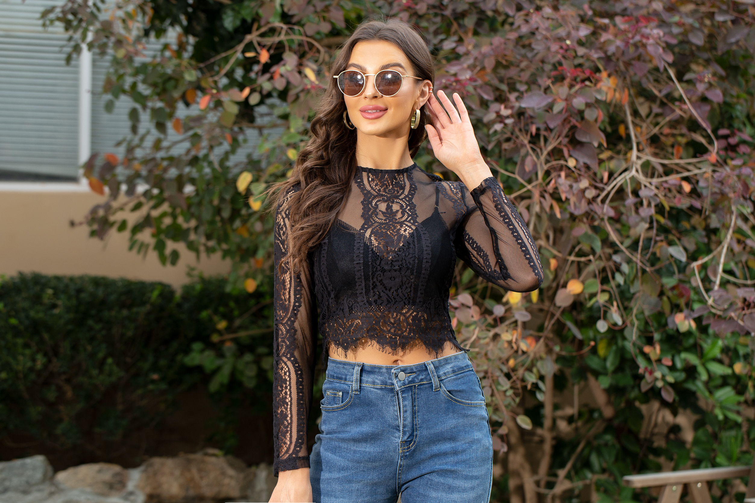 Wayleb Women Lace Crop Top Long Sleeve Blouse Elegant T-Shirt