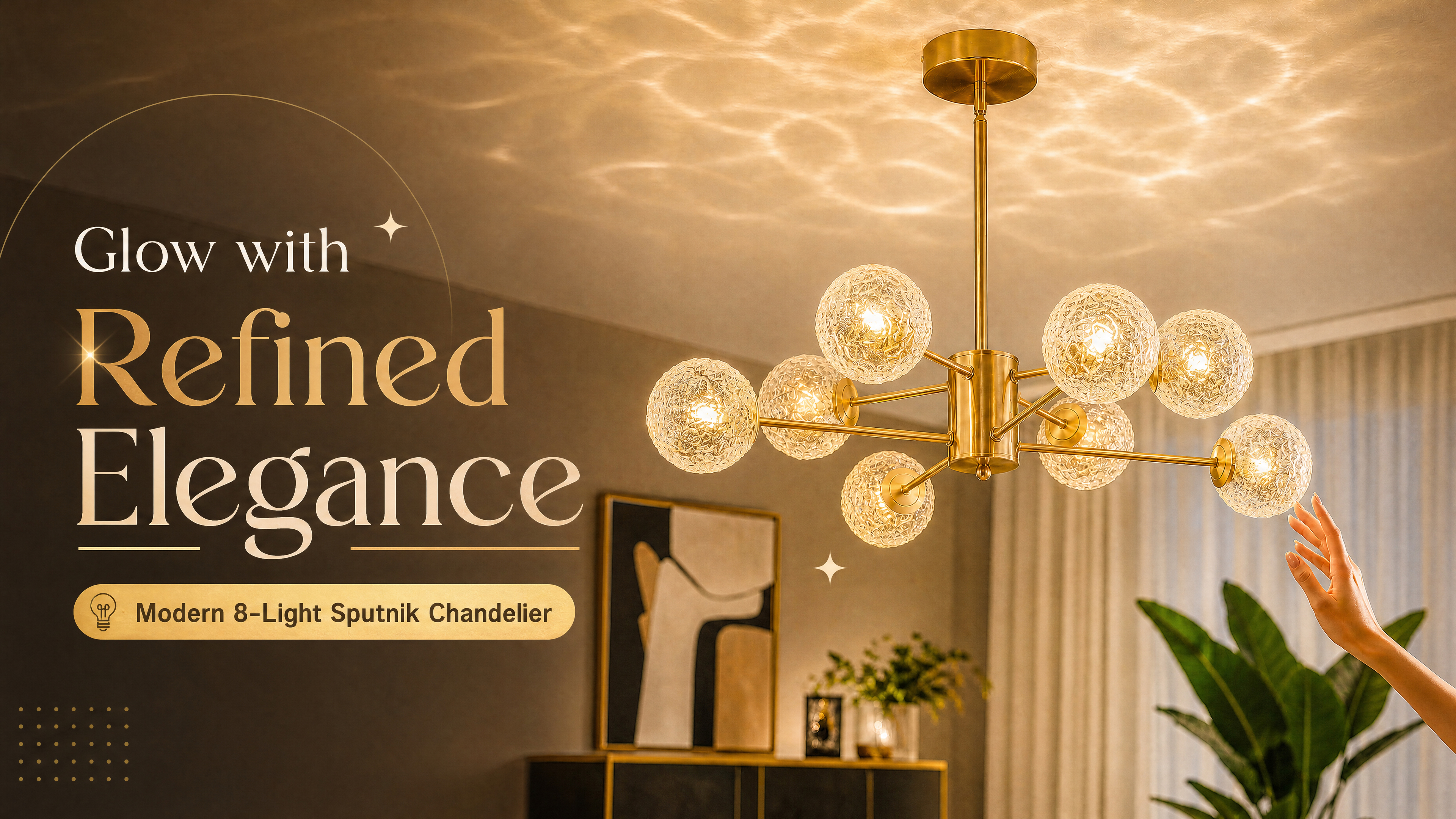 Image of Mid Century 8-Light Chandelier,Modern Glass chandliers for Dining Room,Gold Sputnik Chandelier Pendant Light fixtures for Living Room,Kitchen Island,Bedroom