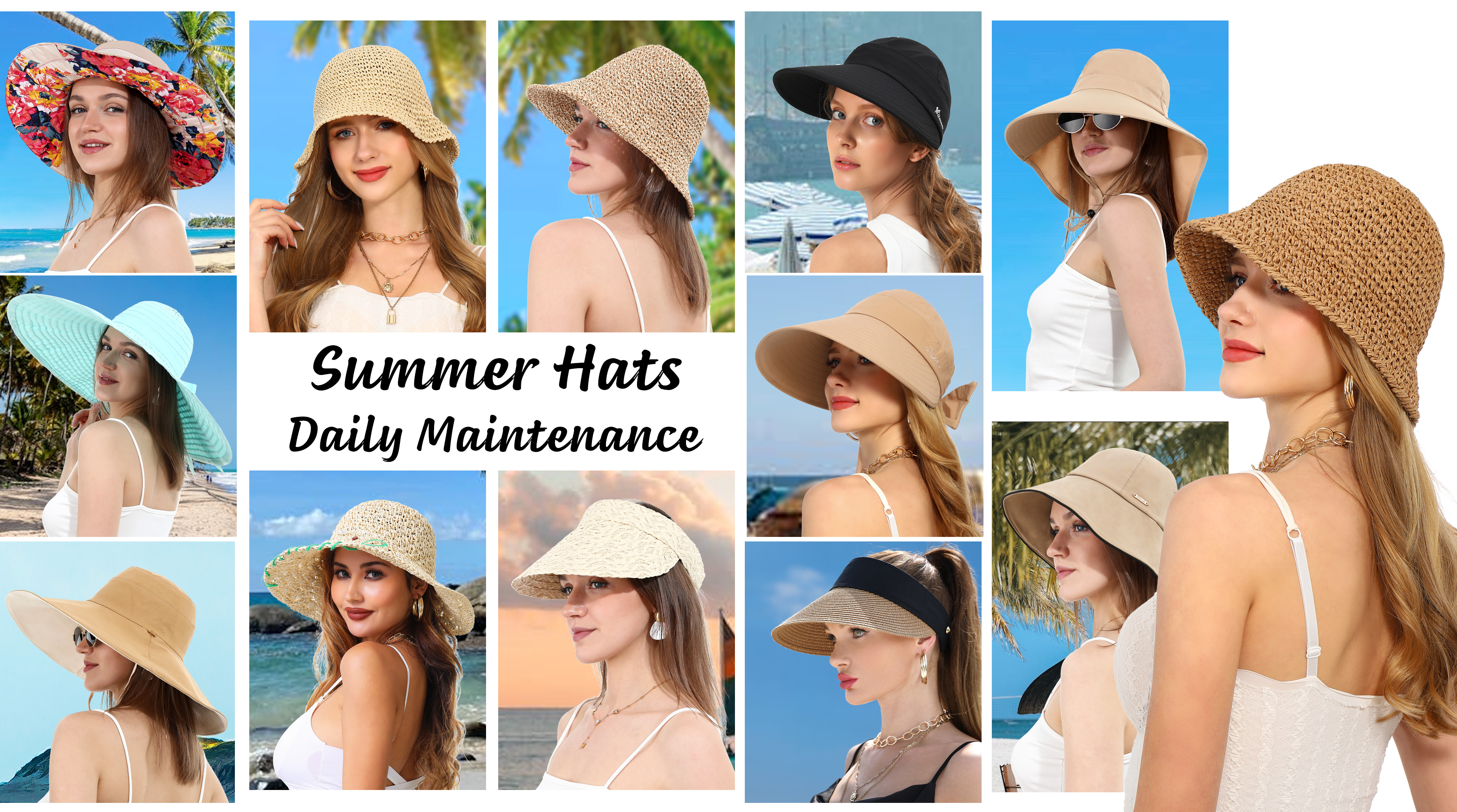 Sombrero de paja tejido para mujer con ala ancha para verano miniatura 7