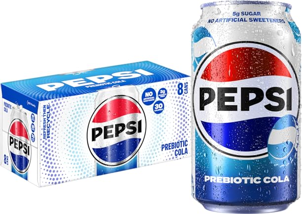 Pepsi Prebiotic Cola, 12 fl oz Cans (8 Pack), 30 Calories, 5g Prebiotic Fiber, 5g Sugar, Soda Pop