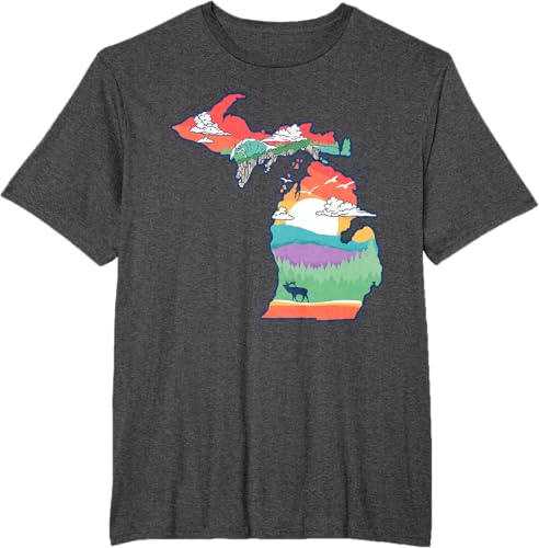 Miniatura 72 de Michigan Outside Vintage Nature Illustration Artistic T-Shirt Slate Grey,White,Baby Blue,Red,Silver Grey,Dark Green,Kelly Green,Olive Green,Lemon