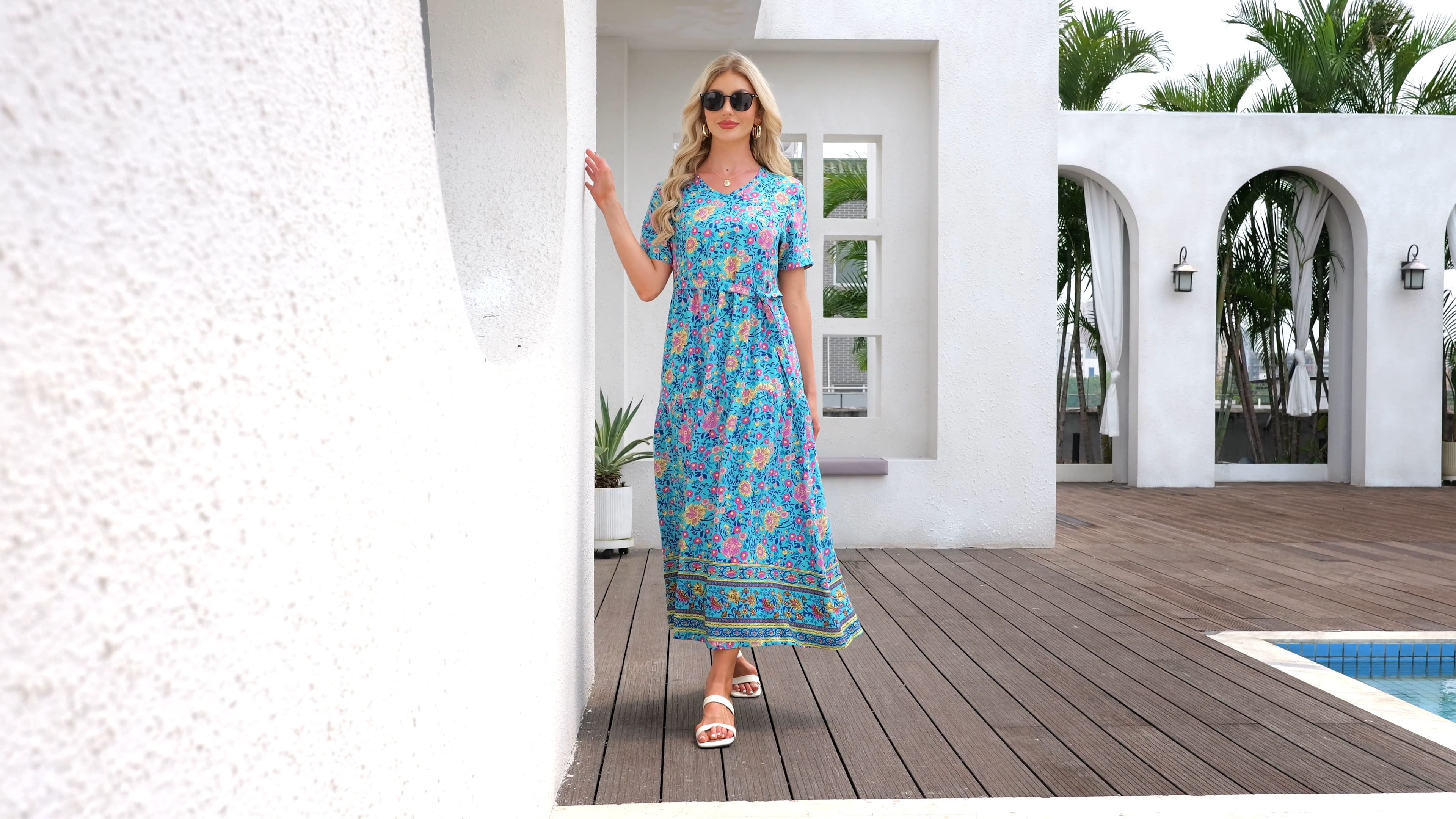 YESNO Women's Summer Maxi Dresses Casual Floral Short Sleeve V Neck Boho  Beach Vacation Swing Dress with Pockets M EVF Solid Black at Amazon Women's  Clothing store