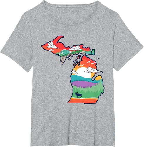 Miniatura 11 de Michigan Outside Vintage Nature Illustration Artistic T-Shirt Slate Grey,White,Baby Blue,Red,Silver Grey,Dark Green,Kelly Green,Olive Green,Lemon