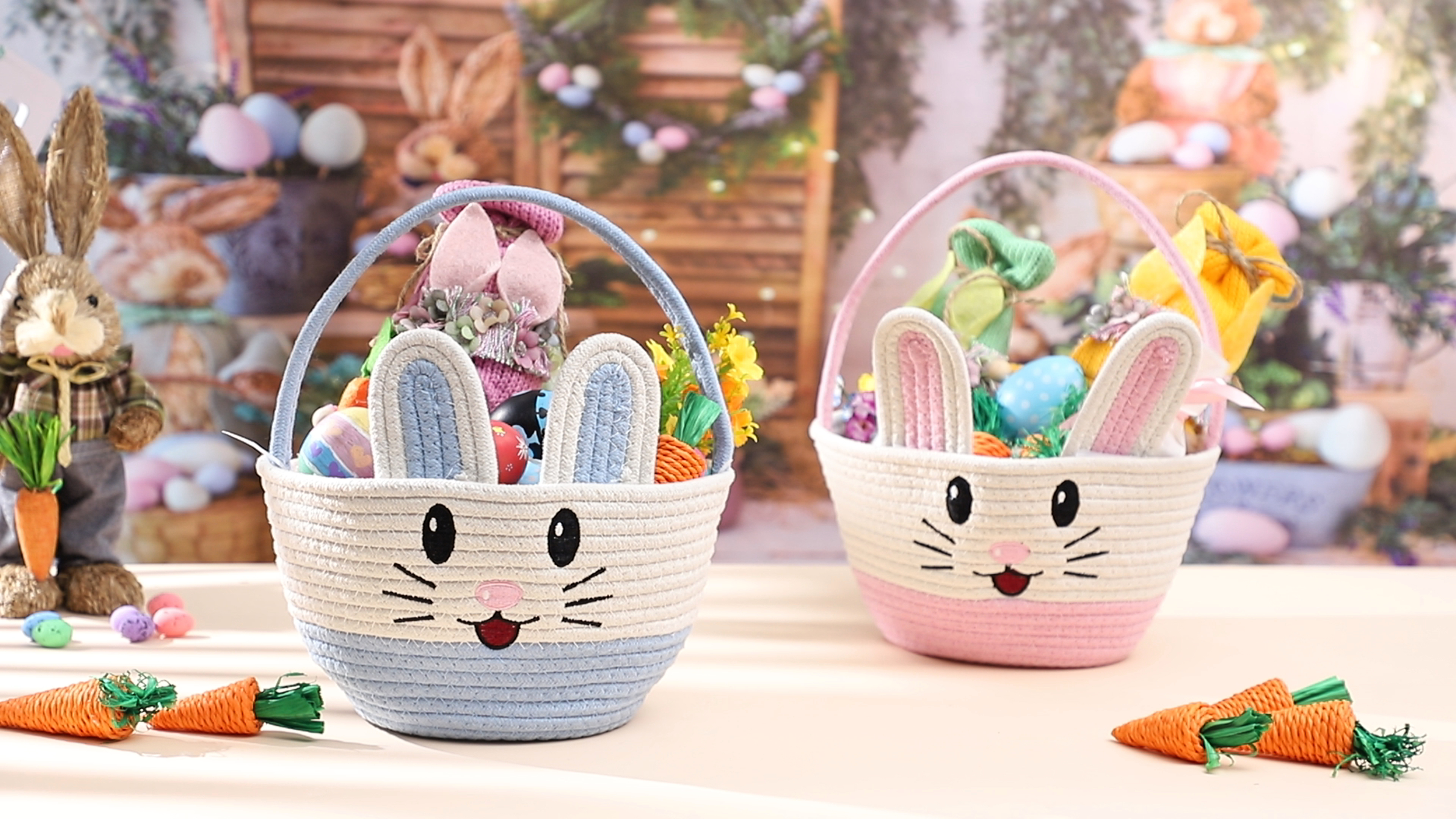 Cesta de Pascua esencial, cestas de regalo vacías para niños pequeños, bebés, niñas, niños, cesta de huevos de Pascua, cestas de almacenamiento de conejo, organizador de cubo de Pascua azul para