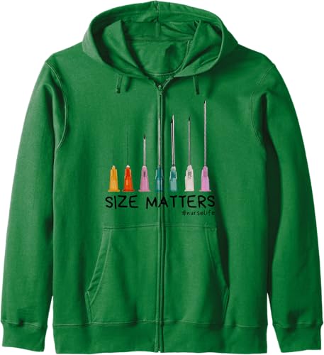 Needle Size Matters Funny Nursing CNA Nurse Life Zip Hoodie Dark Green,Dark Heather Grey,Heather Grey