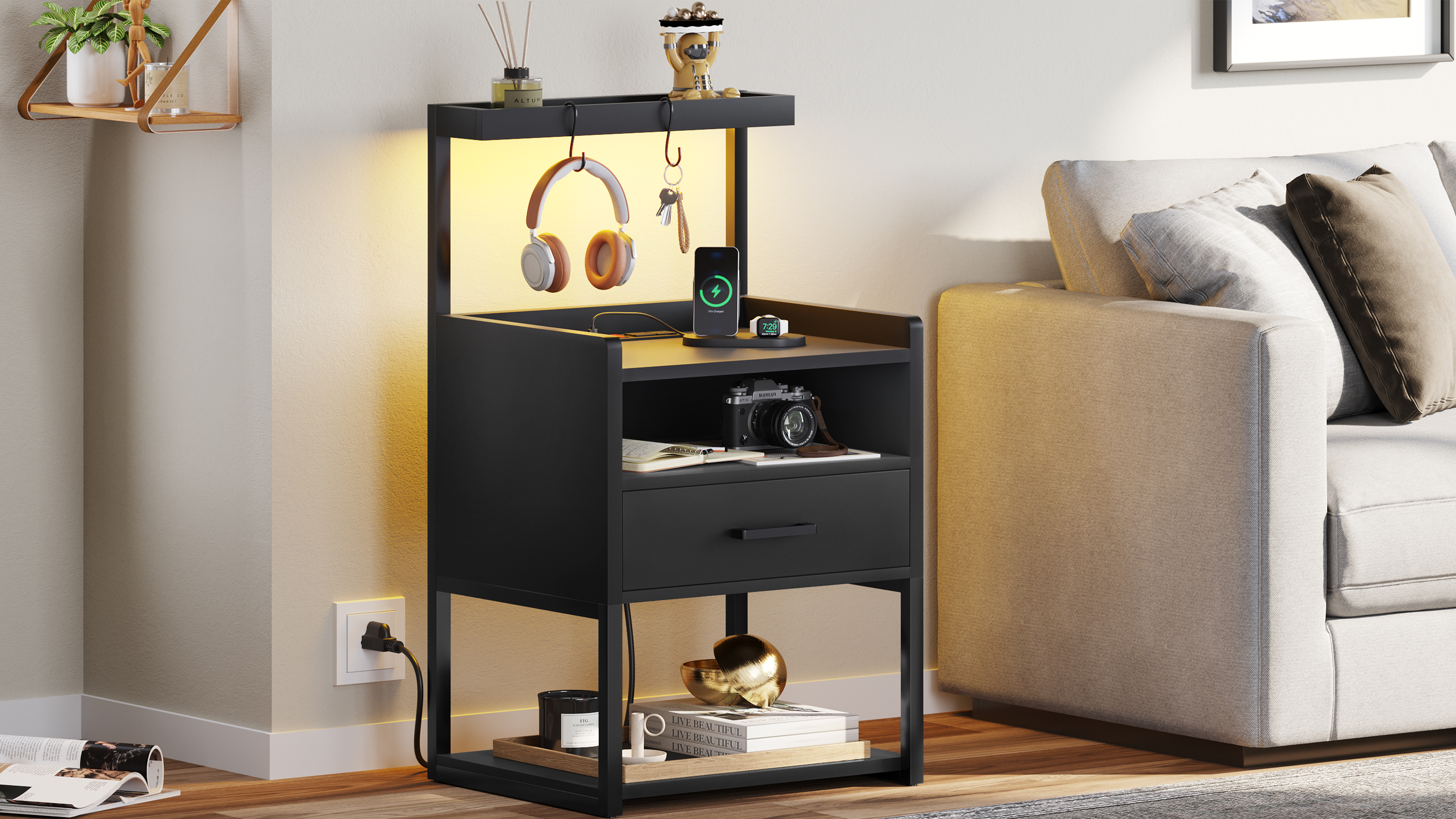 Amazon.com: VIAGDO Nightstand with Charging Station and LED Lights