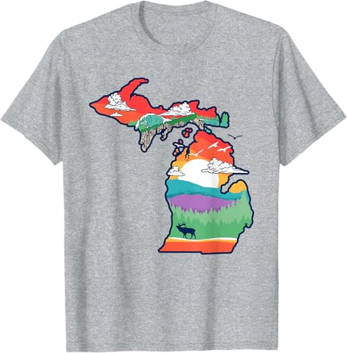 Miniatura 10 de Michigan Outside Vintage Nature Illustration Artistic T-Shirt Slate Grey,White,Baby Blue,Red,Silver Grey,Dark Green,Kelly Green,Olive Green,Lemon