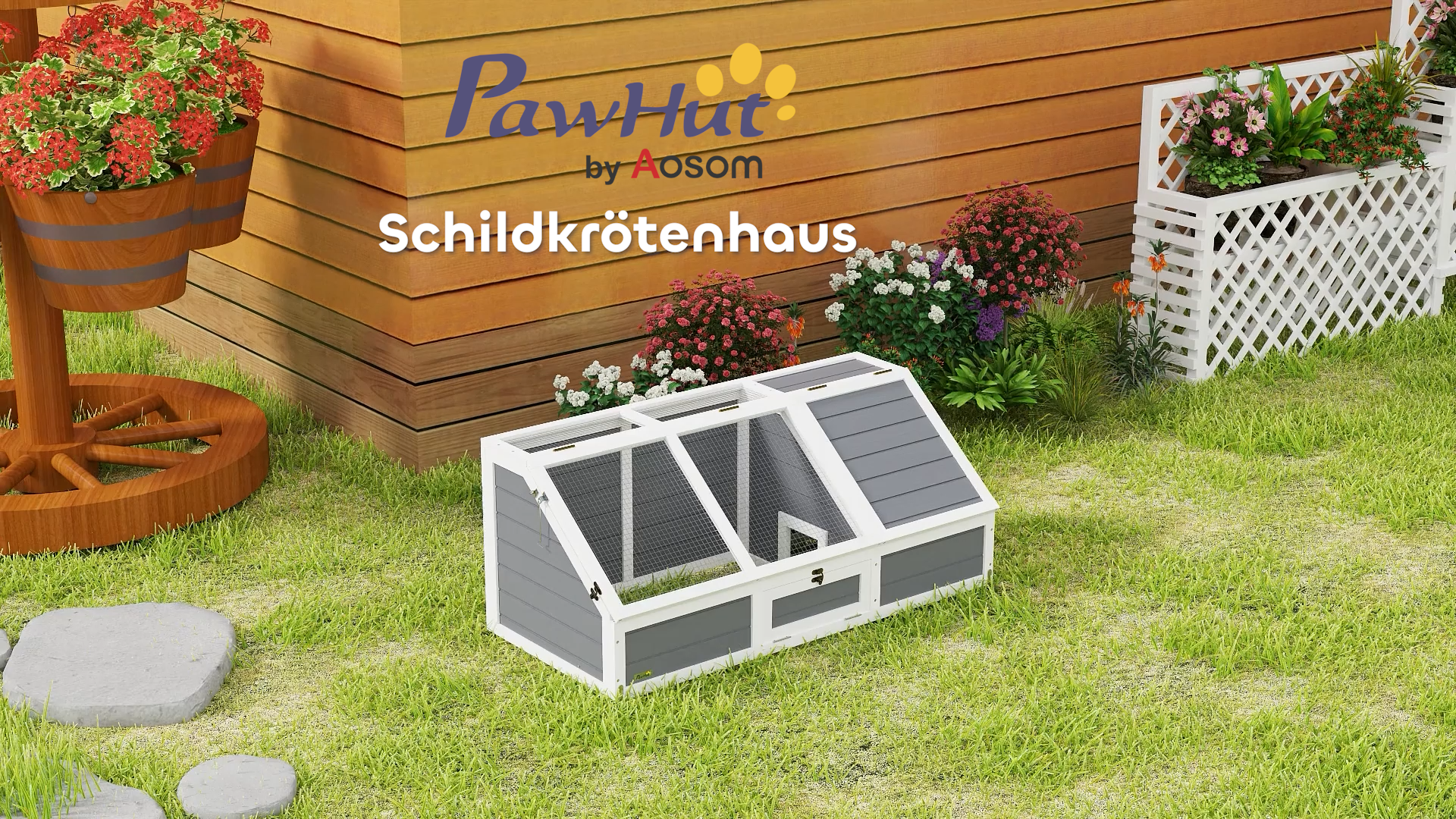 PawHut Schildkrötengehege Aus Holz - Outdoor Terrarium 91x60,5x32 Cm Mit Aufklappbarem Dach