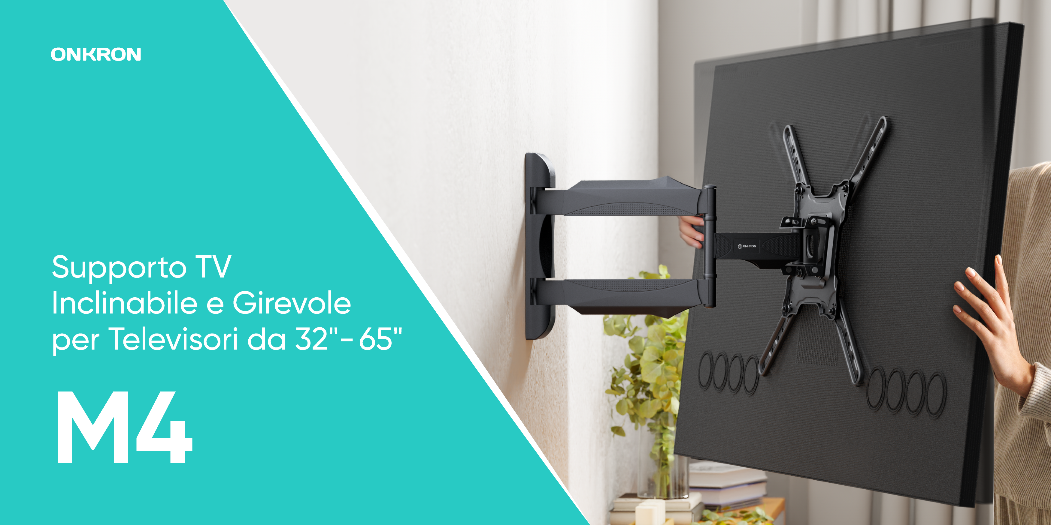 Supporto TV A Parete Girevole E Inclinabile – Per TV 32-65 Pollici Fino A 41 Kg, VESA Fino A 400x400, Rotazione 180°, Distacco Da Parete 60-496 Mm (Modello M4R-B Nero)