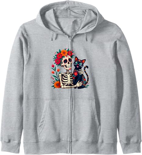 Skeleton & Cat Sugar Skull Día de los Muertos tees