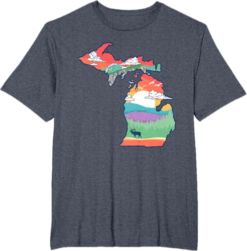 Miniatura 18 de Michigan Outside Vintage Nature Illustration Artistic T-Shirt Slate Grey,White,Baby Blue,Red,Silver Grey,Dark Green,Kelly Green,Olive Green,Lemon