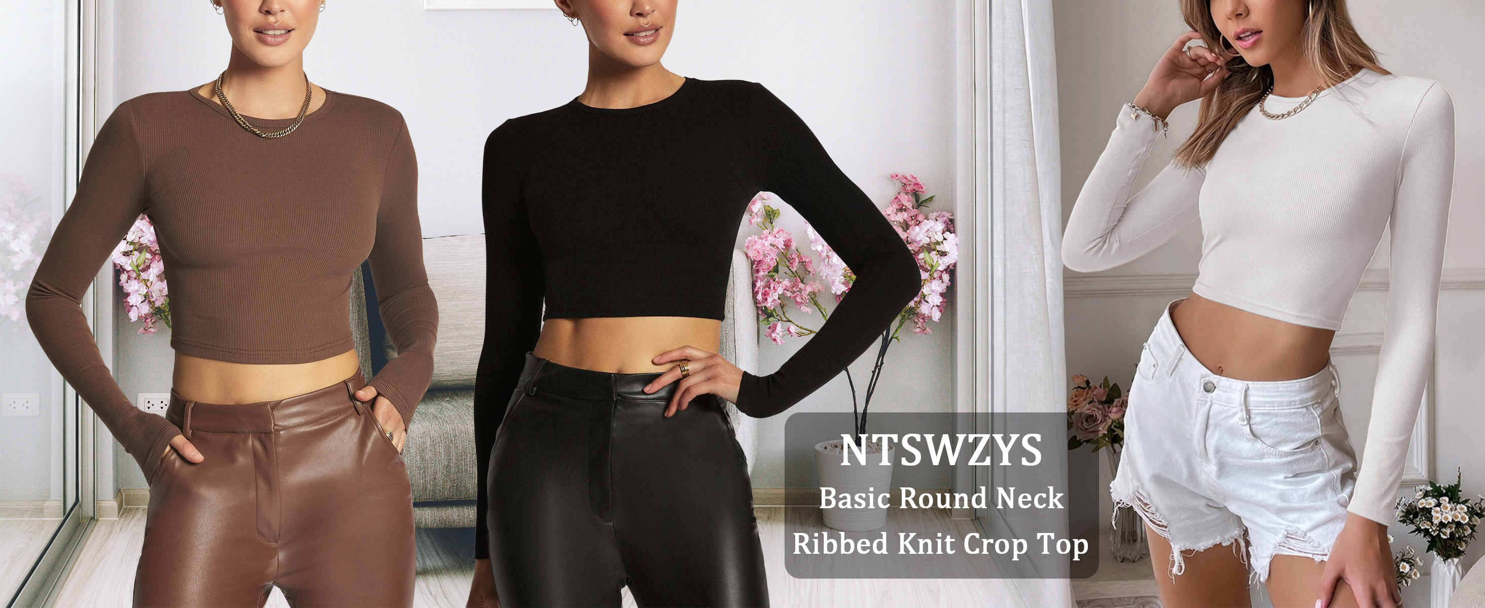 NTSWZYS Women's Basic Round Neck Long Sleeve Ribbed Knit Slim