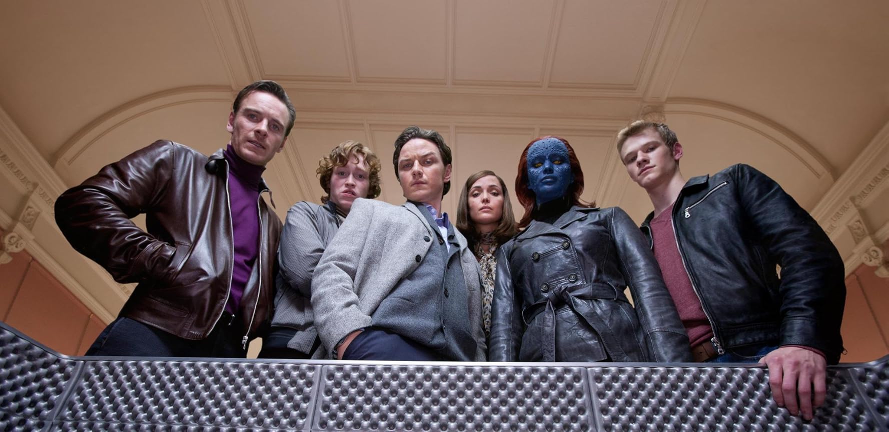 Rose Byrne, James McAvoy, Michael Fassbender, Lucas Till, Jennifer Lawrence, and Caleb Landry Jones in X: First Class (2011)