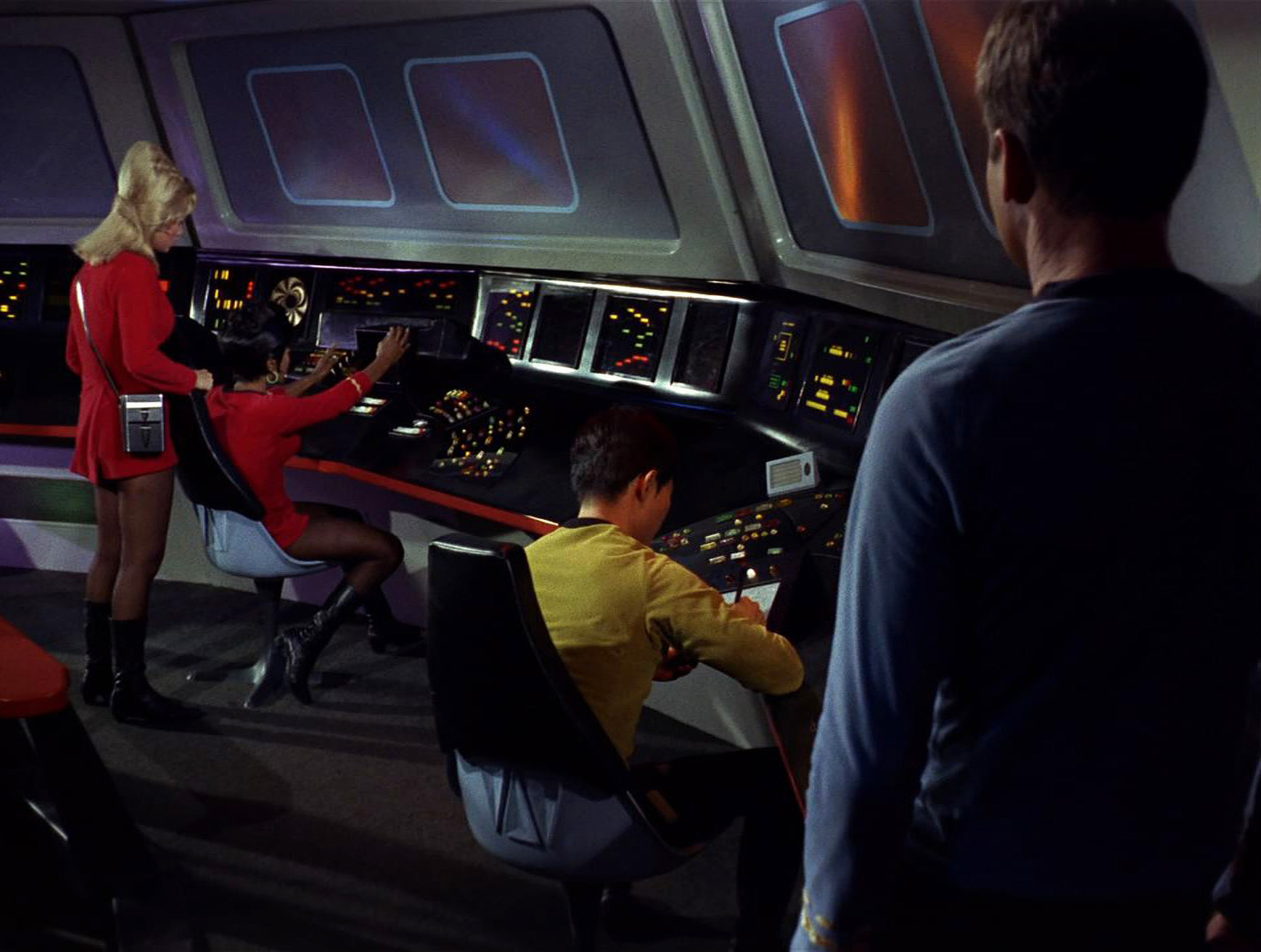 DeForest Kelley, George Takei, Nichelle Nichols, and Grace Lee Whitney in Star Trek (1966)