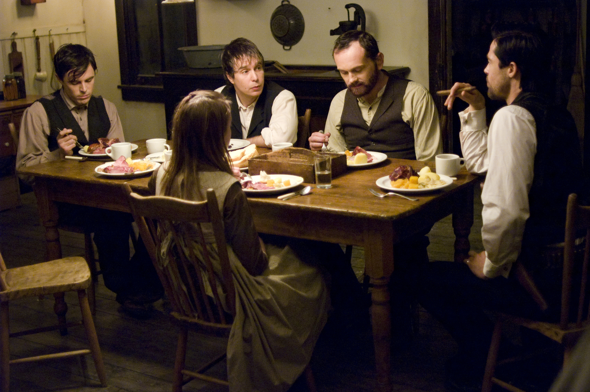 Brad Pitt, Casey Affleck, Sam Rockwell, Pat Healy, and Lauren Calvert in The Assassination of Jesse James by the Coward Robert Ford (2007)