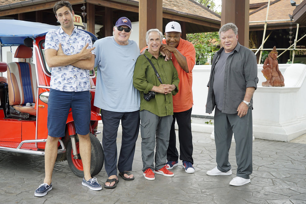 William Shatner, Henry Winkler, Terry Bradshaw, George Foreman, and Jeff Dye in Better Late Than Never (2016)