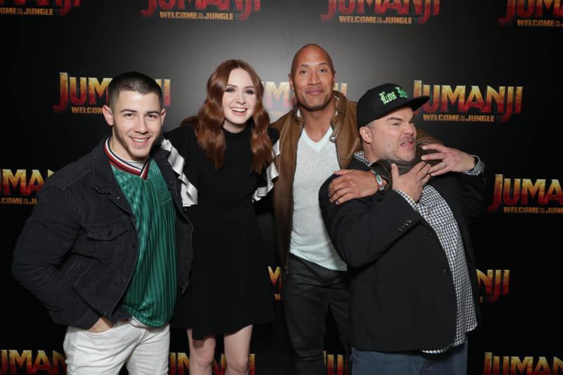 Jack Black, Dwayne Johnson, Karen Gillan, and Nick Jonas at an event for Jumanji: Welcome to the Jungle (2017)