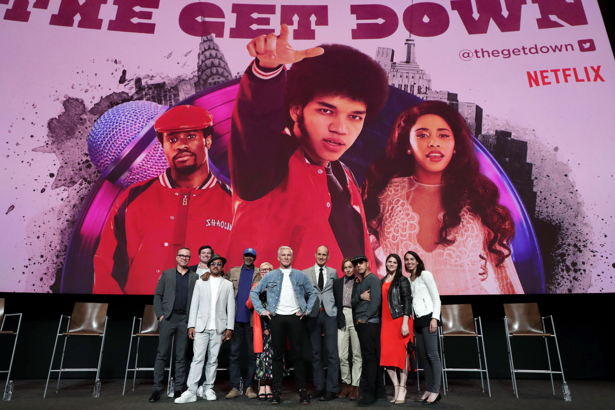 Nelson George, Baz Luhrmann, Catherine Martin, Karen Murphy, Paul Watters, Elliott Wheeler, Nina Wolarsky, and Jeriana San Juan at an event for The Get Down (2016)