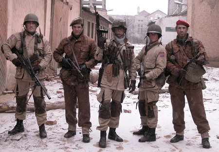 On the set of "S.S. Doomtrooper" From left to right; Raicho Vasilev, John Newton, Corin Nemec, James Pomichter, Harry Van Gorkum.