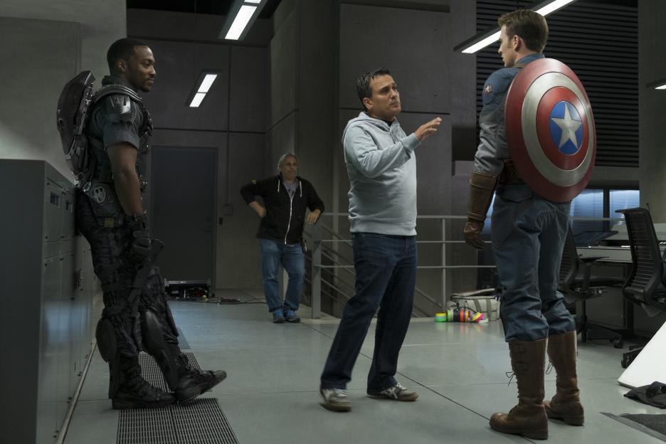 Chris Evans, Joe Russo, and Anthony Mackie in Captain America: The Winter Soldier (2014)