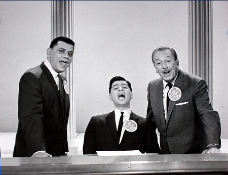 (L-R) Robert B. Sherman, Richard M. Sherman, Walt Disney, studio still from GE promotional film singing "There's A Great Big Beautiful Tomorrow."