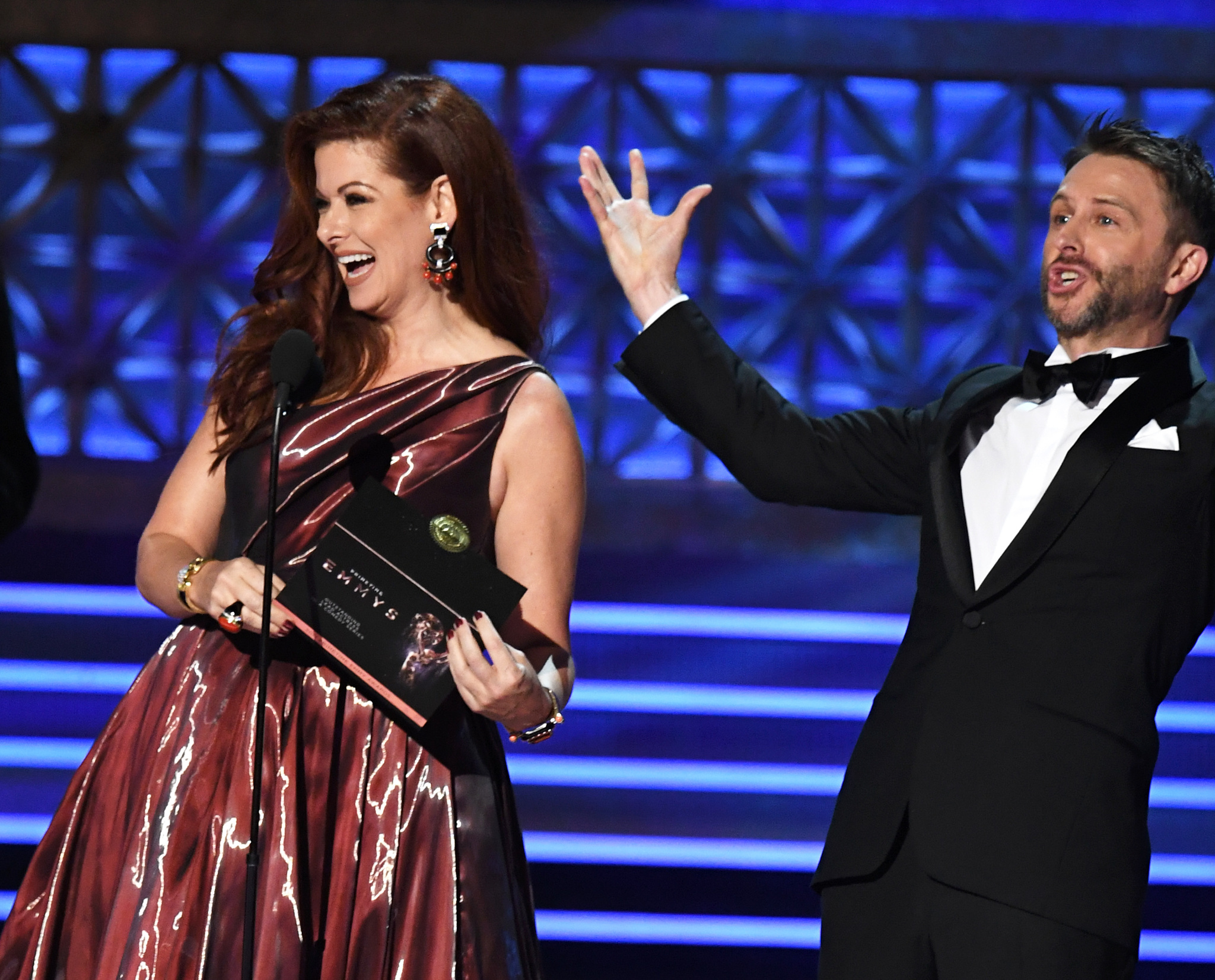 Debra Messing and Chris Hardwick at an event for The 69th Primetime Emmy Awards (2017)