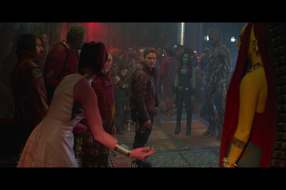 Vin Diesel, Chris Pratt, Zoe Saldana, and Ophelia Lovibond in Guardians of the Galaxy (2014)