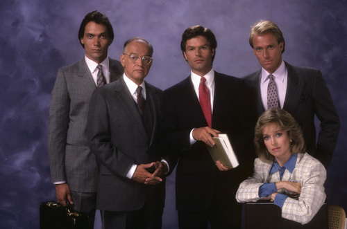 Corbin Bernsen, Jimmy Smits, Harry Hamlin, Richard Dysart, and Jill Eikenberry in L.A. Law (1986)