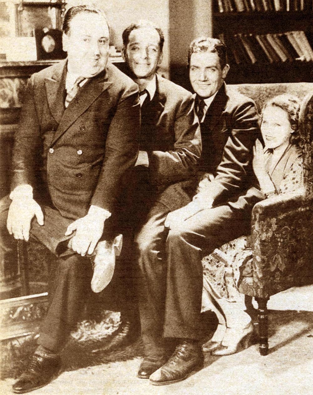 Alfred Hitchcock, Donald Calthrop, John Longden and Anny Ondra on the set of Blackmail (1929)
