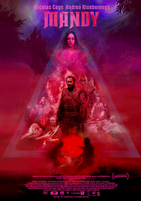Nicolas Cage, Ned Dennehy, Andrea Riseborough, and Clément Baronnet in Mandy (2018)