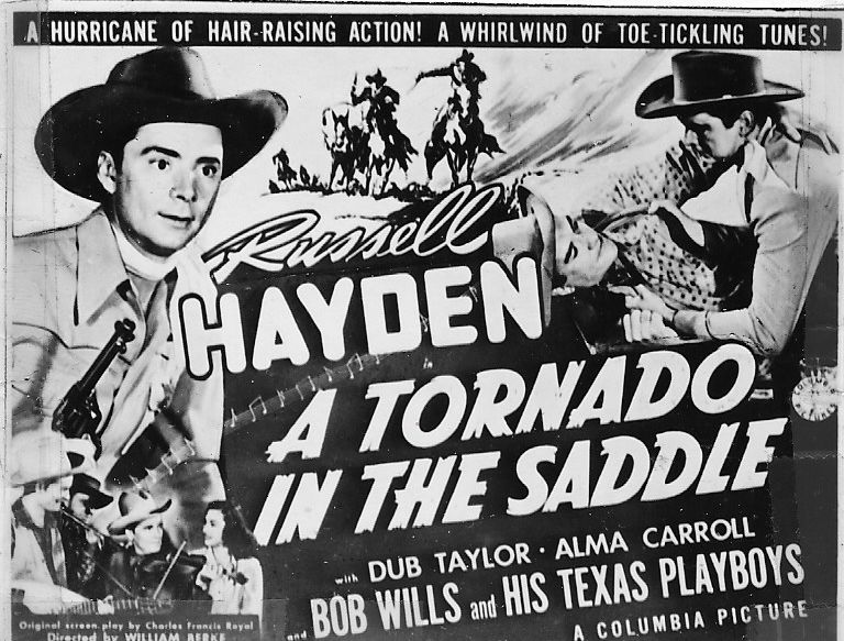 Alma Carroll, Donald Curtis, Russell Hayden, and Bob Wills in A Tornado in the Saddle (1942)