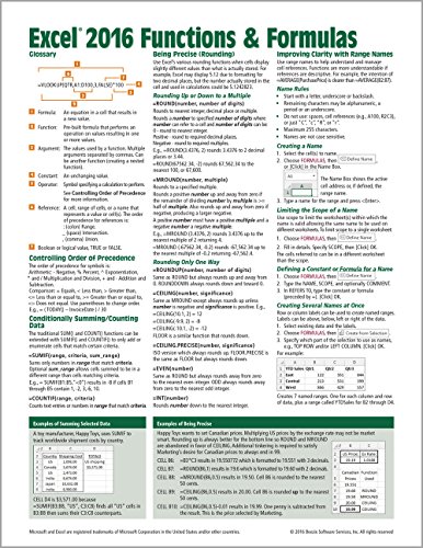 Microsoft Excel 2016 Functions & Formulas Quick Reference Card (4-page Cheat Sheet focusing on examples and context for intermediate-to-advanced functions and formulas- Laminated Guide) book cover