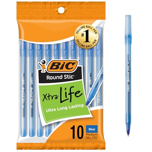 BIC Round Stic Xtra Life Blue Ballpoint Pens, 10-Count Pack, 1.0mm