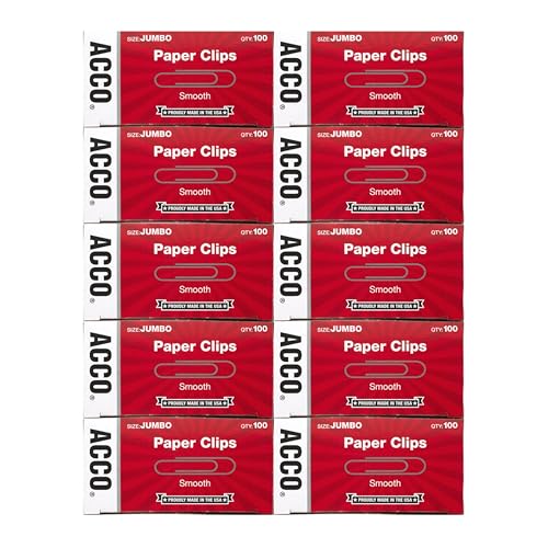 ACCO Brands Paper Clips, Jumbo, Smooth, Economy, 10 Boxes, 100/Box (72580)
