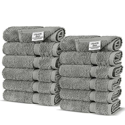 Chakir Turkish Linens - Toalla de hotel de lujo y spa, 100% Algodón turco genuino, Paño de lavado, Color Gris, Juego de 12