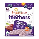Happy Baby Gentle Teethers Organic Teething Wafers Blueberry Purple Carrot, 0.14 Ounce Packets (Box of 12) Soothing Rice Cookies for Teething Babies Dissolves Easily, Gluten Free No Artificial Flavor