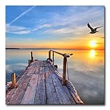 Modern Canvas Wall Art Picture for Home Decoration Pier with Bird Flying and Colourful Sky at Sunset Lake Landscape Art Print on Canvas Giclee Artwork for Wall Decor