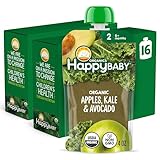 Happy Baby Organics Stage 2 Baby Food Pouches, Gluten Free, Vegan & Healthy Snack, Clearly Crafted Fruit & Veggie Puree, Apples, Kale & Avocados, 4 Ounces (Pack of 16)
