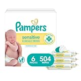 Pampers Sensitive Baby Wipes, Clinically Proven, Fragrance Free, Unscented, Water Based, Hypoallergenic, Multi-Use, Hand Wipes 504 Wipes Total (6X Flip-Top Packs) [Packaging May Vary]