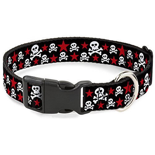 Buckle-Down 16-23" Skulls & Stars Black/White/Red Plastic Clip Collar, Wide Medi