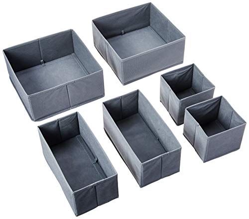 Sodynee - Caja de almacenamiento de tela plegable SCD6SBL, organizadora de armario, tocador, cubo, papeleras, compartimentos con cajones para ropa interior, sujetadores, calcetines, corbatas, bufandas, paquete de 6, gris