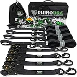 Rhino USA Ratchet Straps Tie Downs (4-Pack) - 1 Inch x 15 Feet (1,823lb Break Strength) - Ultimate Tie Down Straps with Safety S Hooks - for Trucks, Cargo, Moving, Appliances - Black