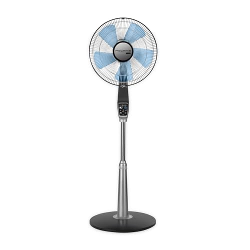 Rowenta Ventilador de pedestal Turbo Silence Extreme de 16 Pulgadas, con control remoto - Ultra Silencioso con 5 Aspas y 5 Velocidades, Color Gris y Azul, VU5670U2