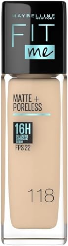 Maybelline Base de Maquillaje Líquida Fit Me Matte & Poreless, Light Beige 118, 30 gr, matifica y controla brillo por 16h, minimiza la apariencia de poros, arrugas y líneas de expresión